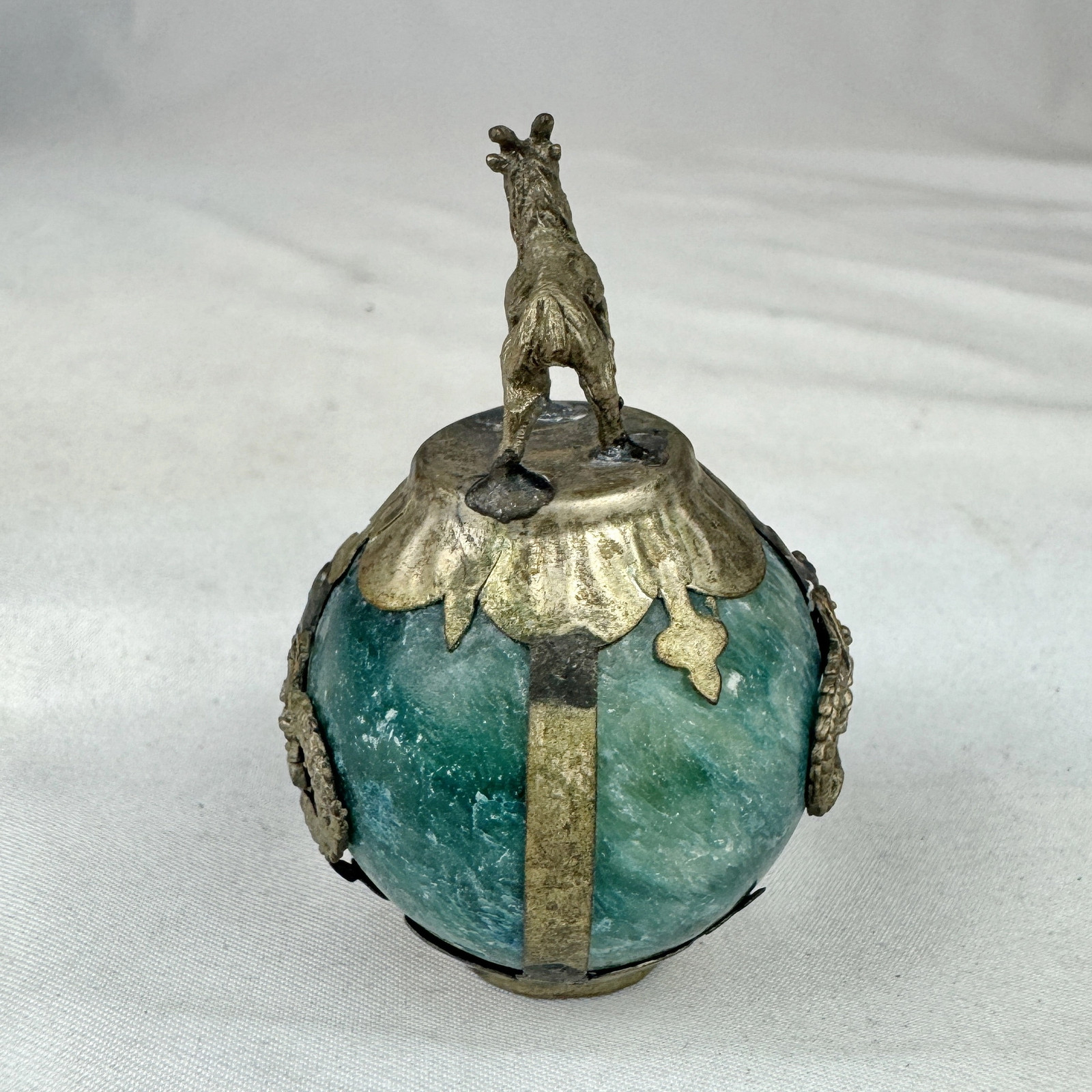 Vintage Chinese Zodiac SHEEP Green Marble Orb, Pewter/Tin Finial, Dragon Motif