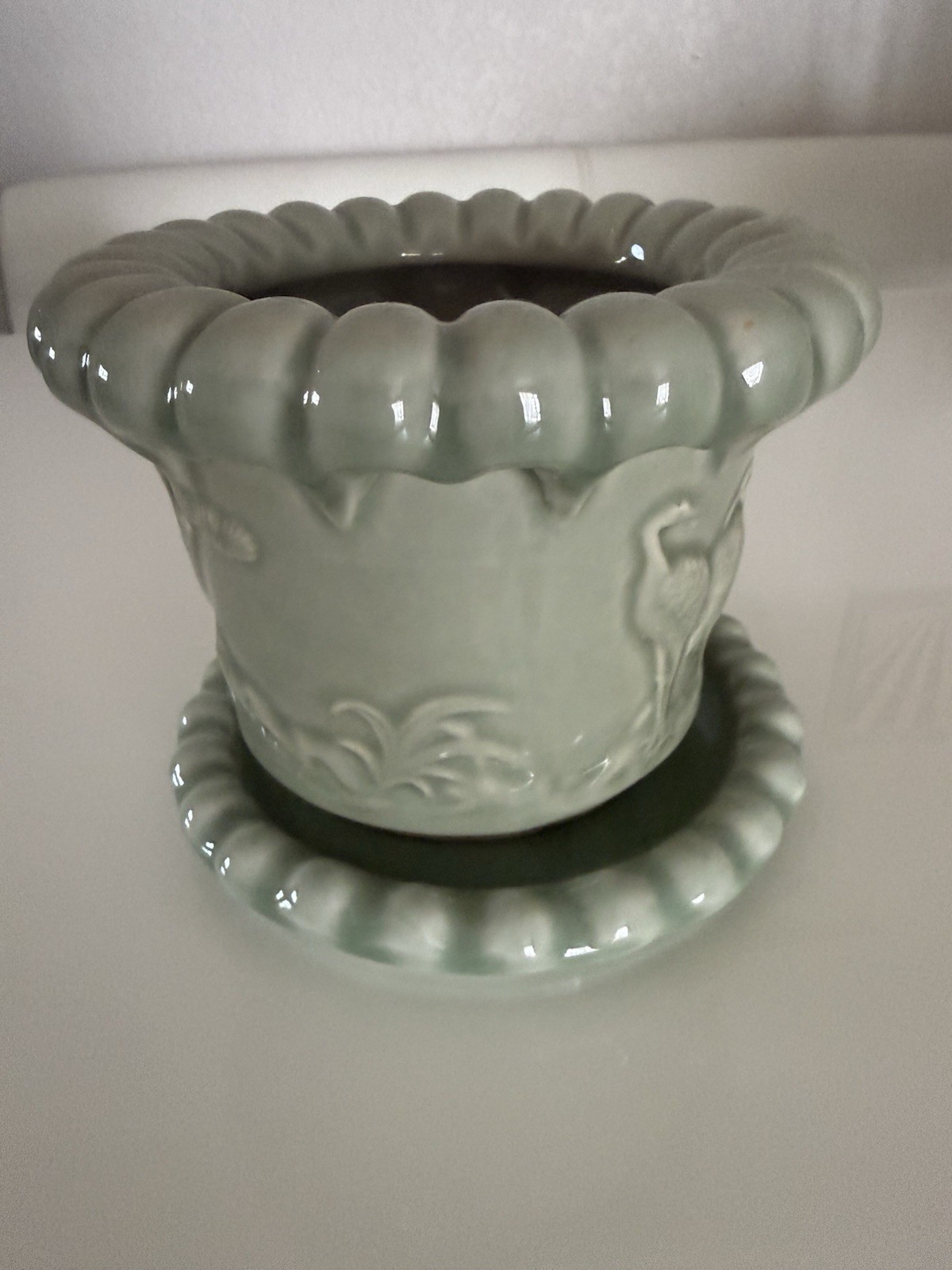 VTG Chinese Celadon Planter Pot With Scalloped Top And Tray Bonsai With Crane