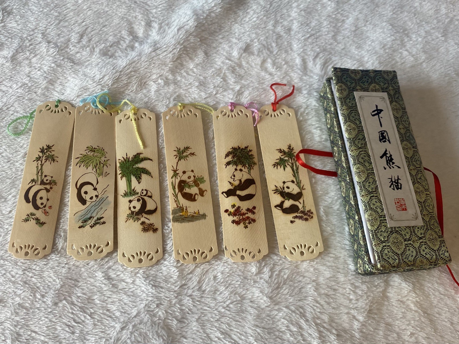 Vintage Chinese Bookmarks Wood Pandas Fabric Box Sets 6 Bamboo