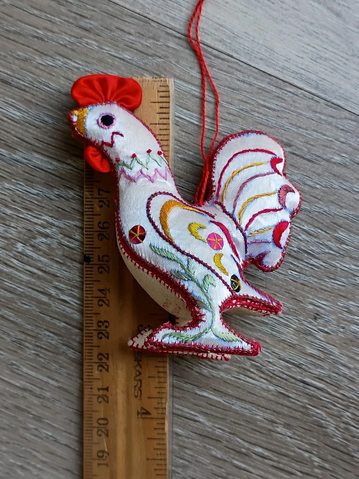 Silk Stuffed Rooster Ornament 3.25″ Figurine Handmade Chinese Embroiderd VTG