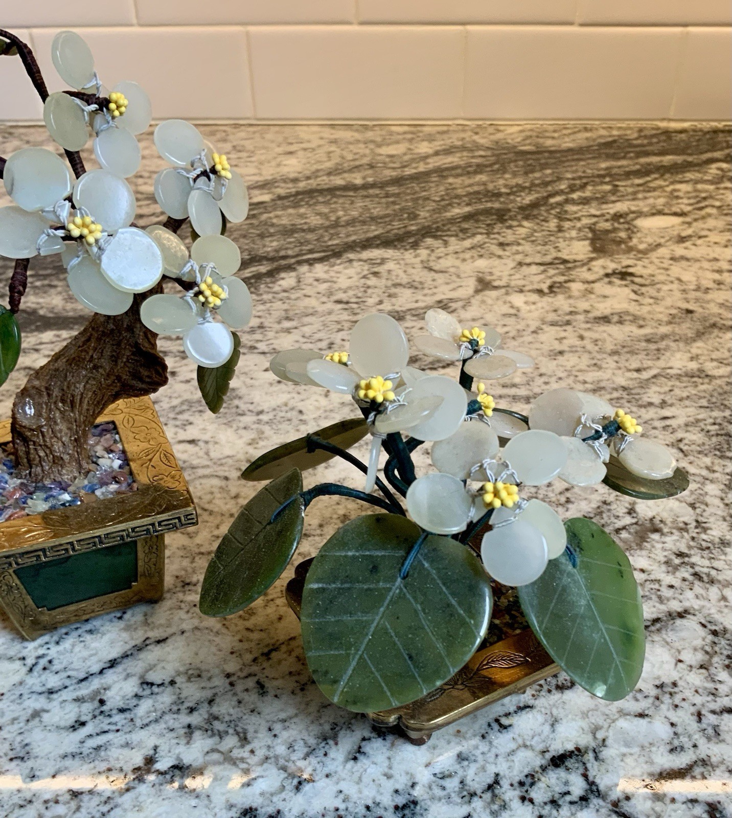TWO Small Vintage Carved Jade Bonsai Trees Hong Kong