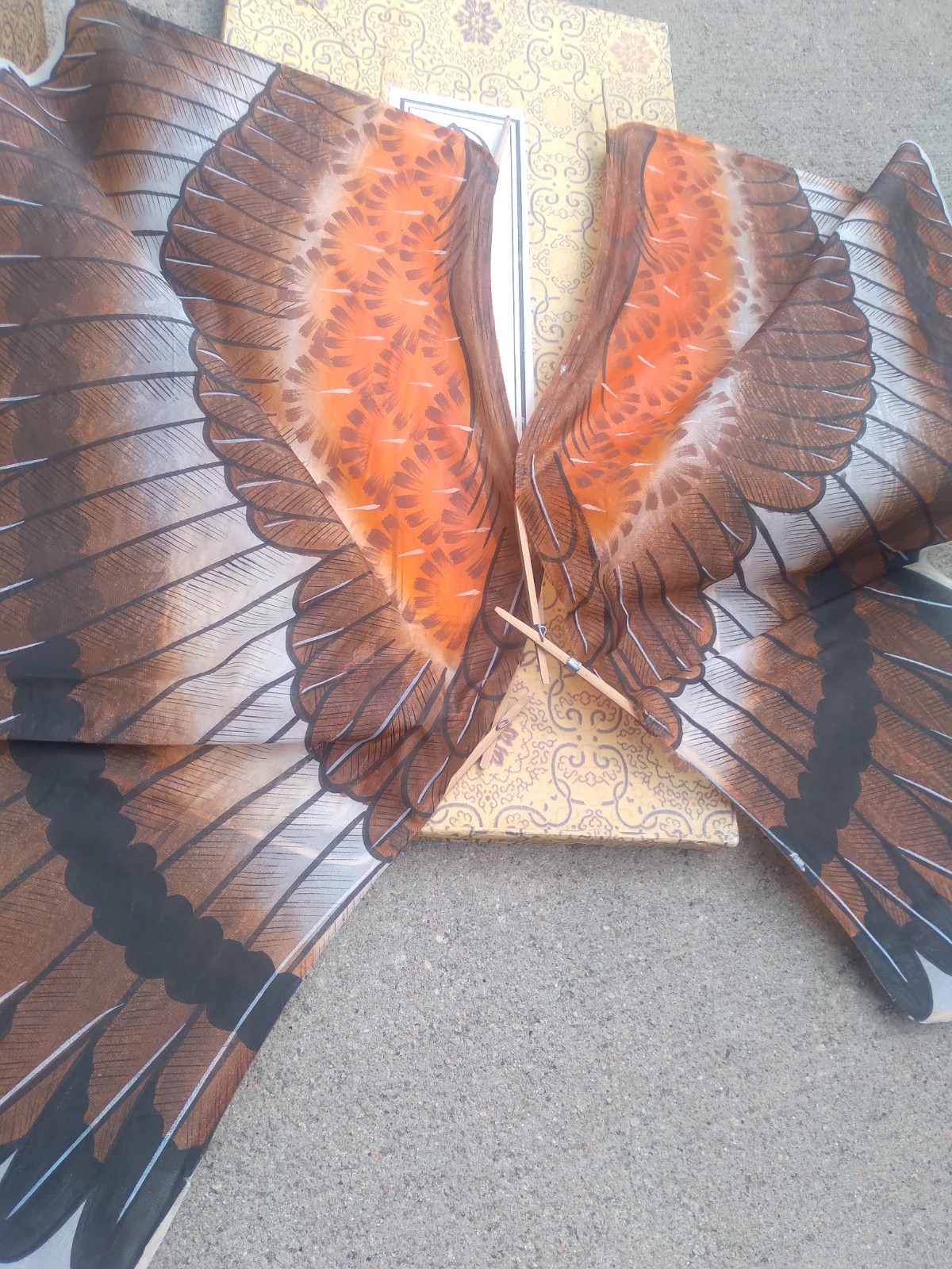 Vintage Chinese Silk & Bamboo Eagle Bird of Prey Kite with Box 36″ wingspan Rare