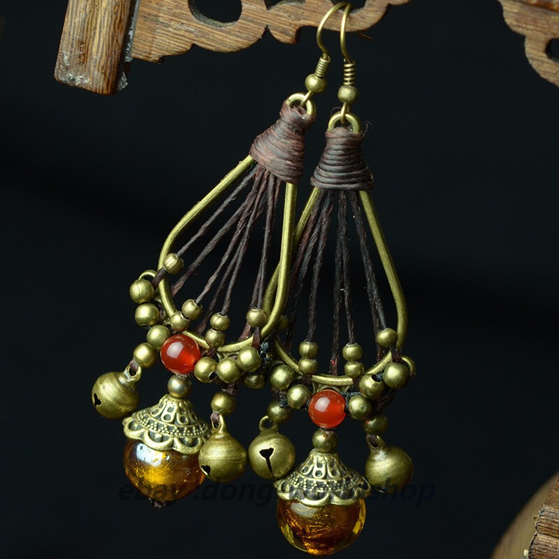 China Agate/Coloured Glaze/Bronze Small Bell Tibetan Style Vogue Earbob Earrings