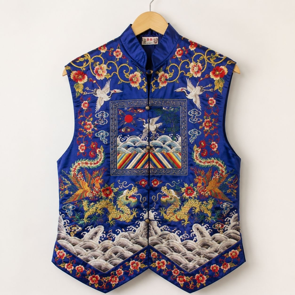 Vintage Dunhuang Fully Embroidered Chinese Dragon Crane Vest Blue M/L Oriental