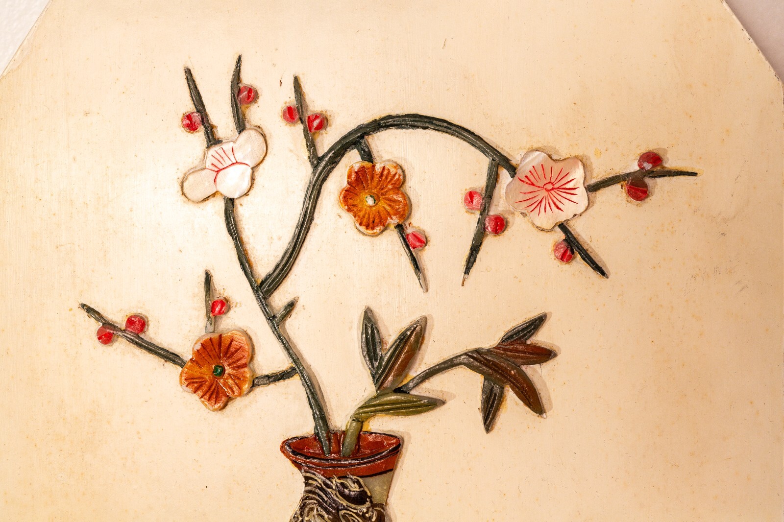 Chinese Wall Hanging 4 Panel – Hand Painted Carved Stone – Four Wooden Panels