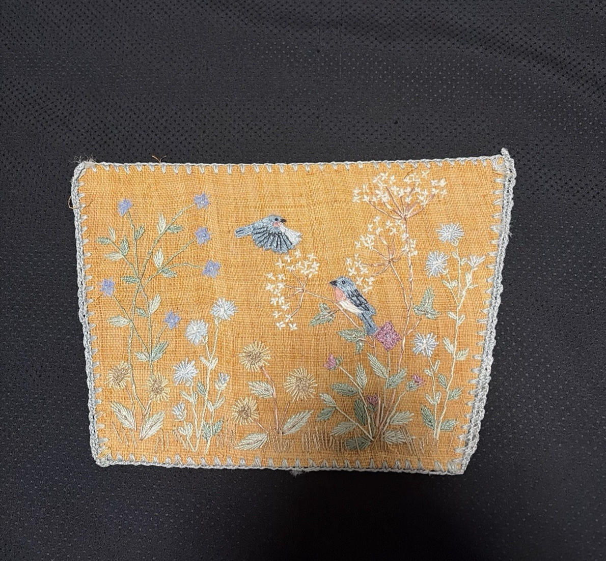 Antique Asian Embroidered Burlap Blue Bird Floral Panel 11″ Micro Bead Hemstitch