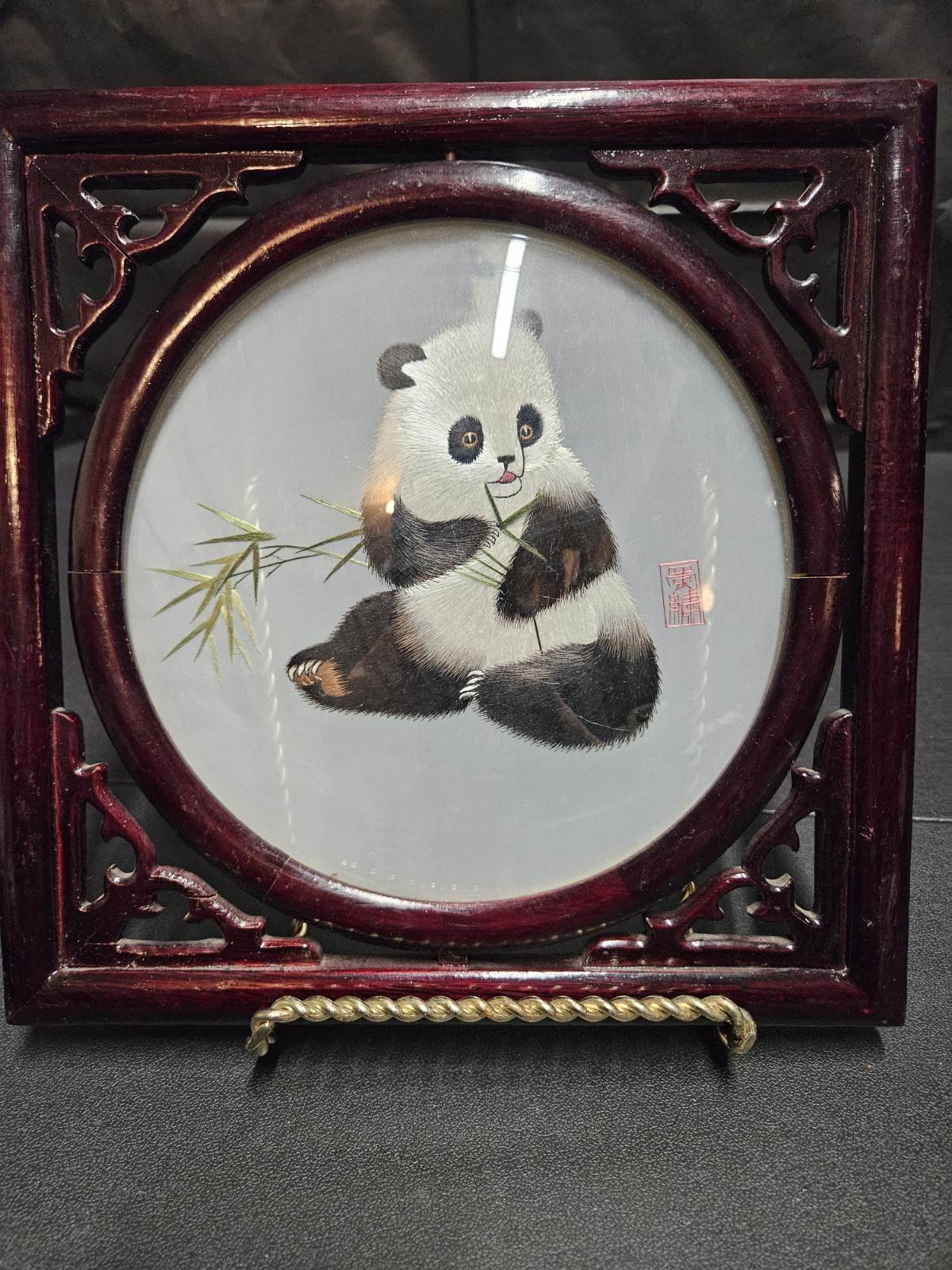 Double-Sided Panda & Bamboo Silk Thread Moving Round Picture Wooden Frame