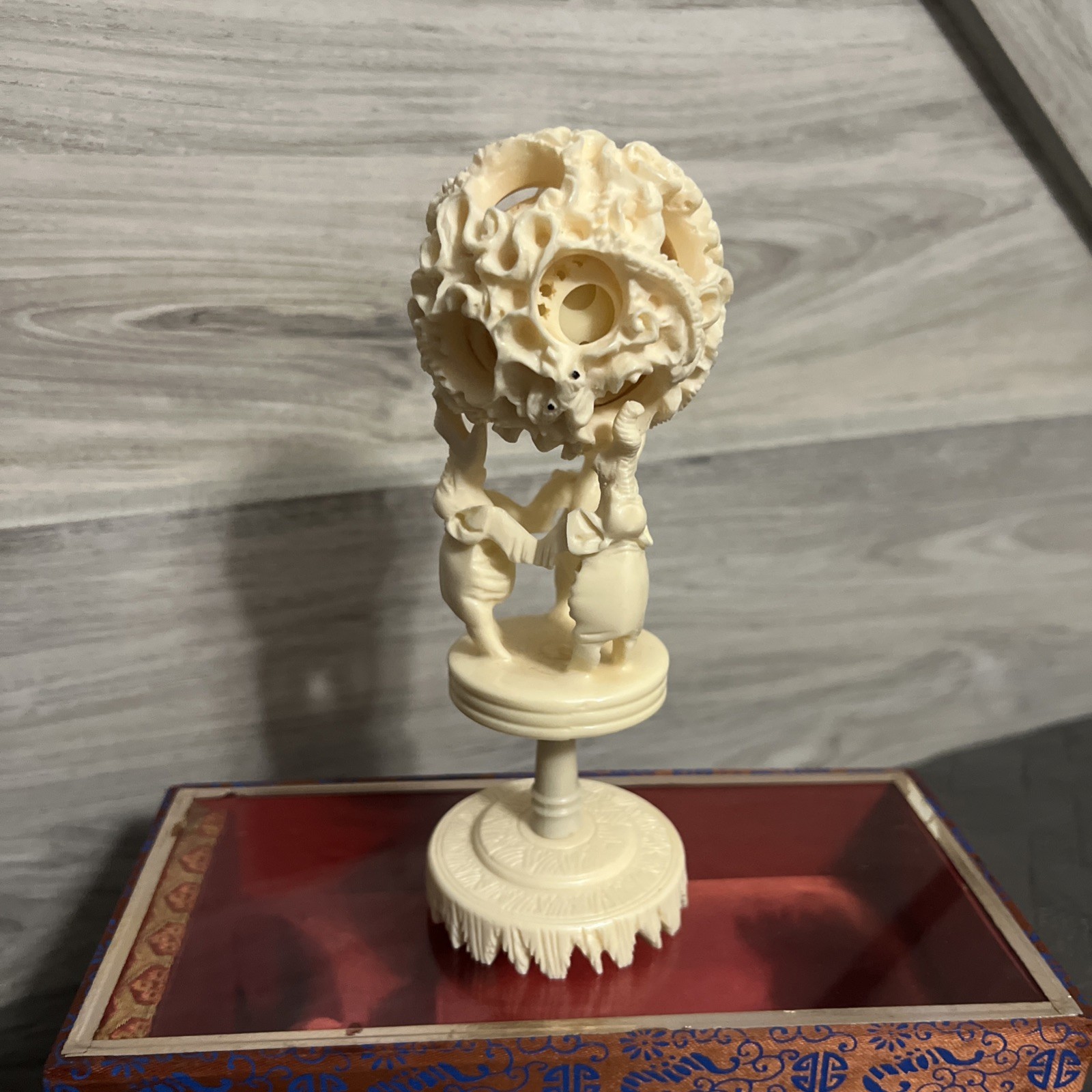 Antique Chinese Dragon & Elephant Puzzle Ball Ivory Color in original box 7”