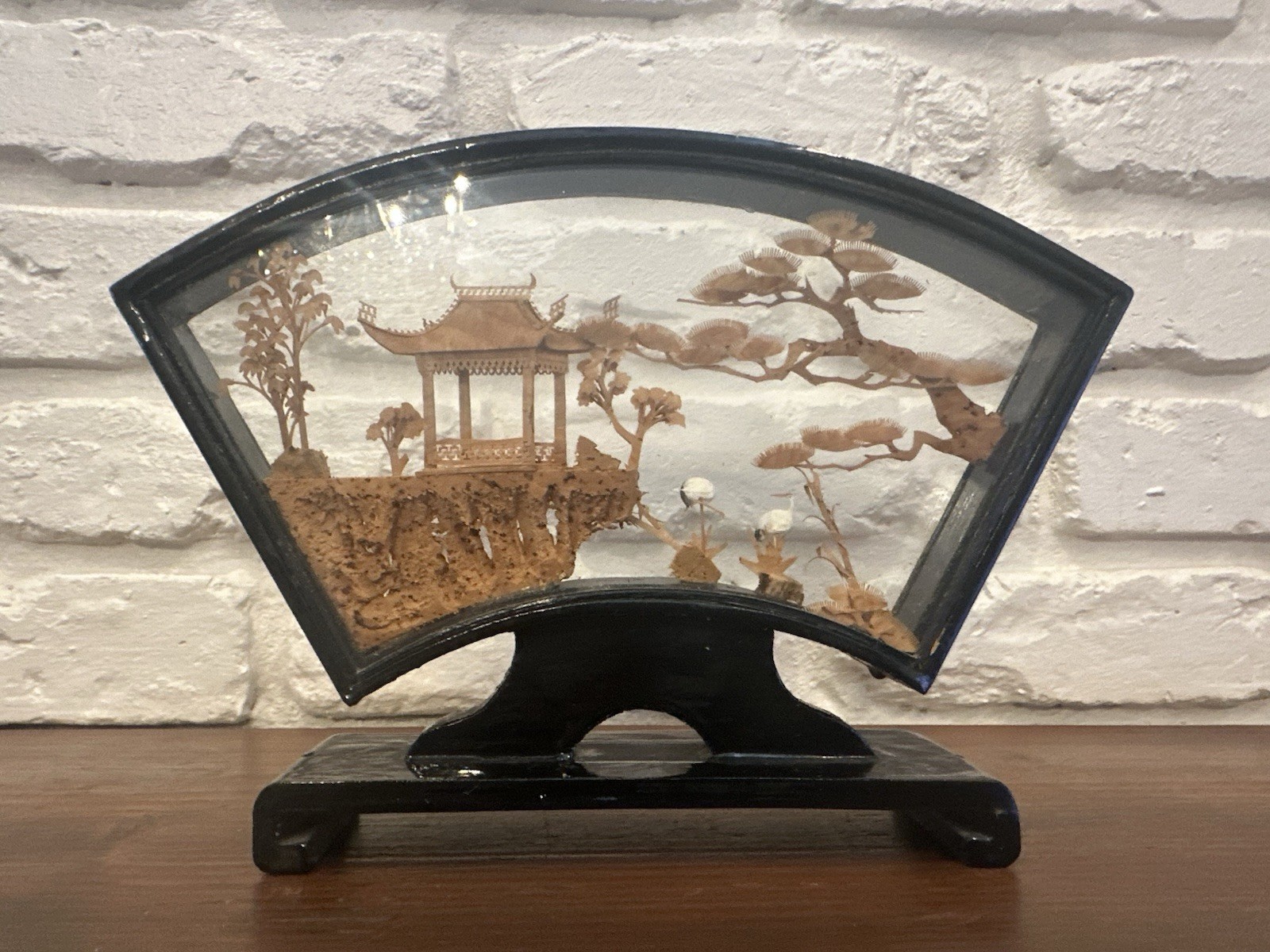 VINTAGE CHINESE SAN YOU DIORAMA CORK CARVING GLASS CASE PAGODA TREES & CRANES.