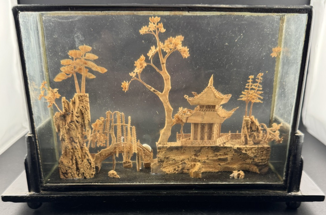 Vintage Chinese Cork Art Diorama, Glass Display Case, Pagoda Scene, Excellent #2