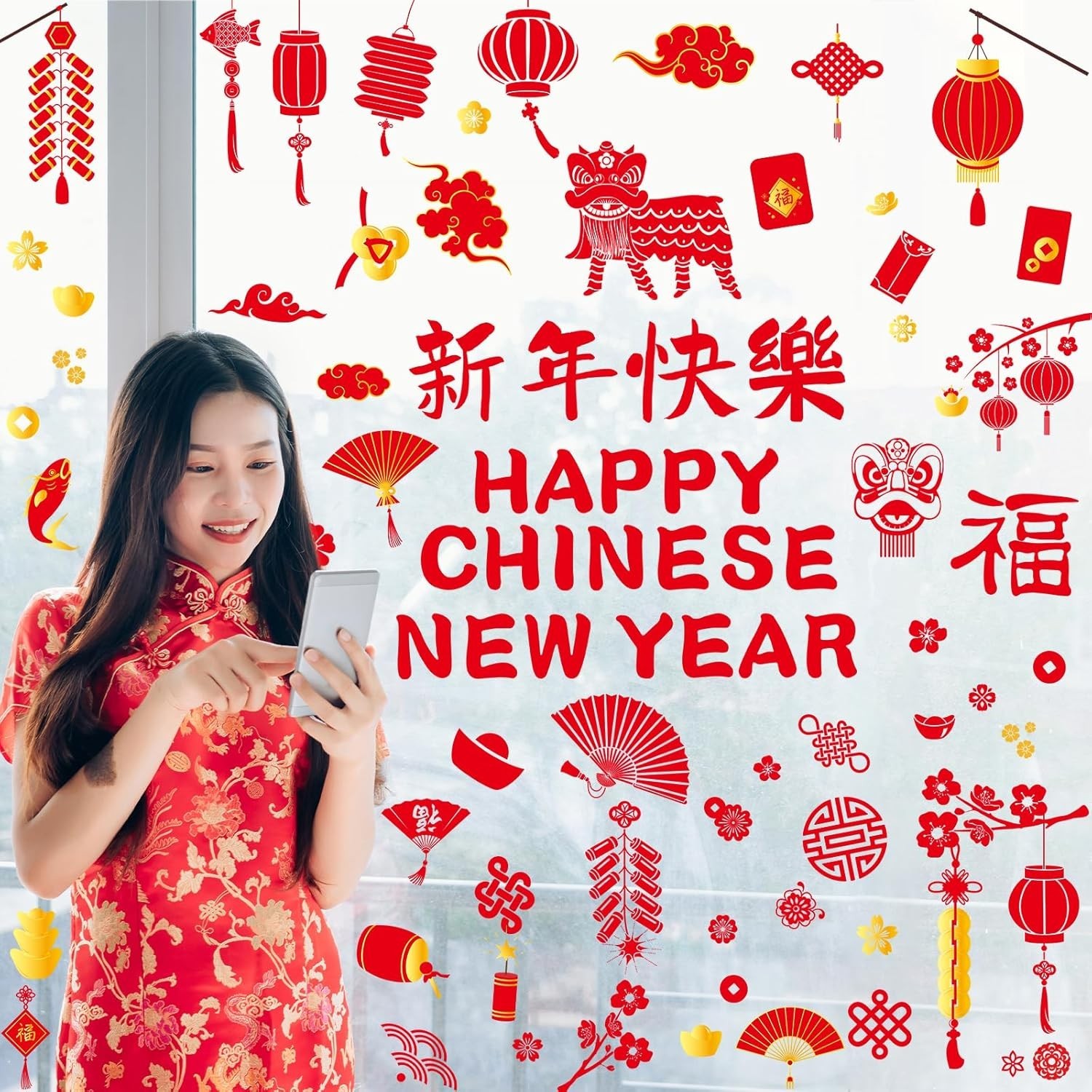 Chinese New Festive Window Clings – 8 Sheets of Dragon and Lantern Designs