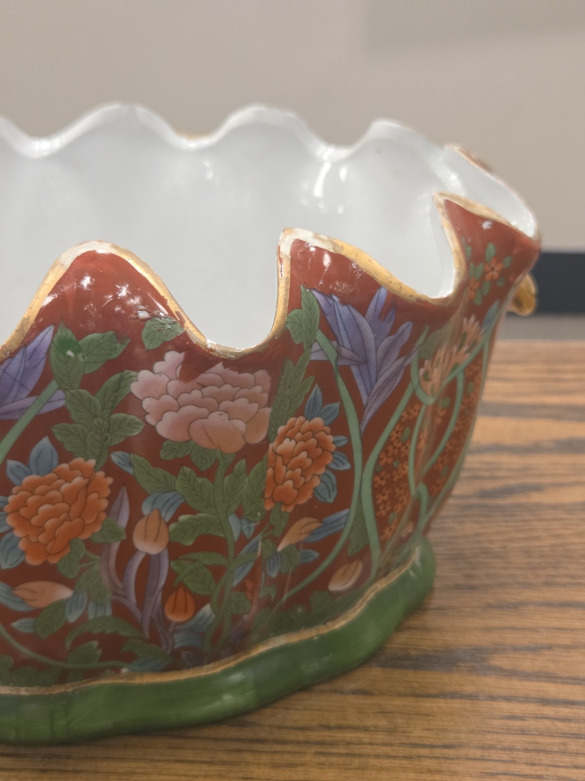 Chinese Foot Bath Satsuma Style Floral Red Vtg Porcelain Jardiniere Gold