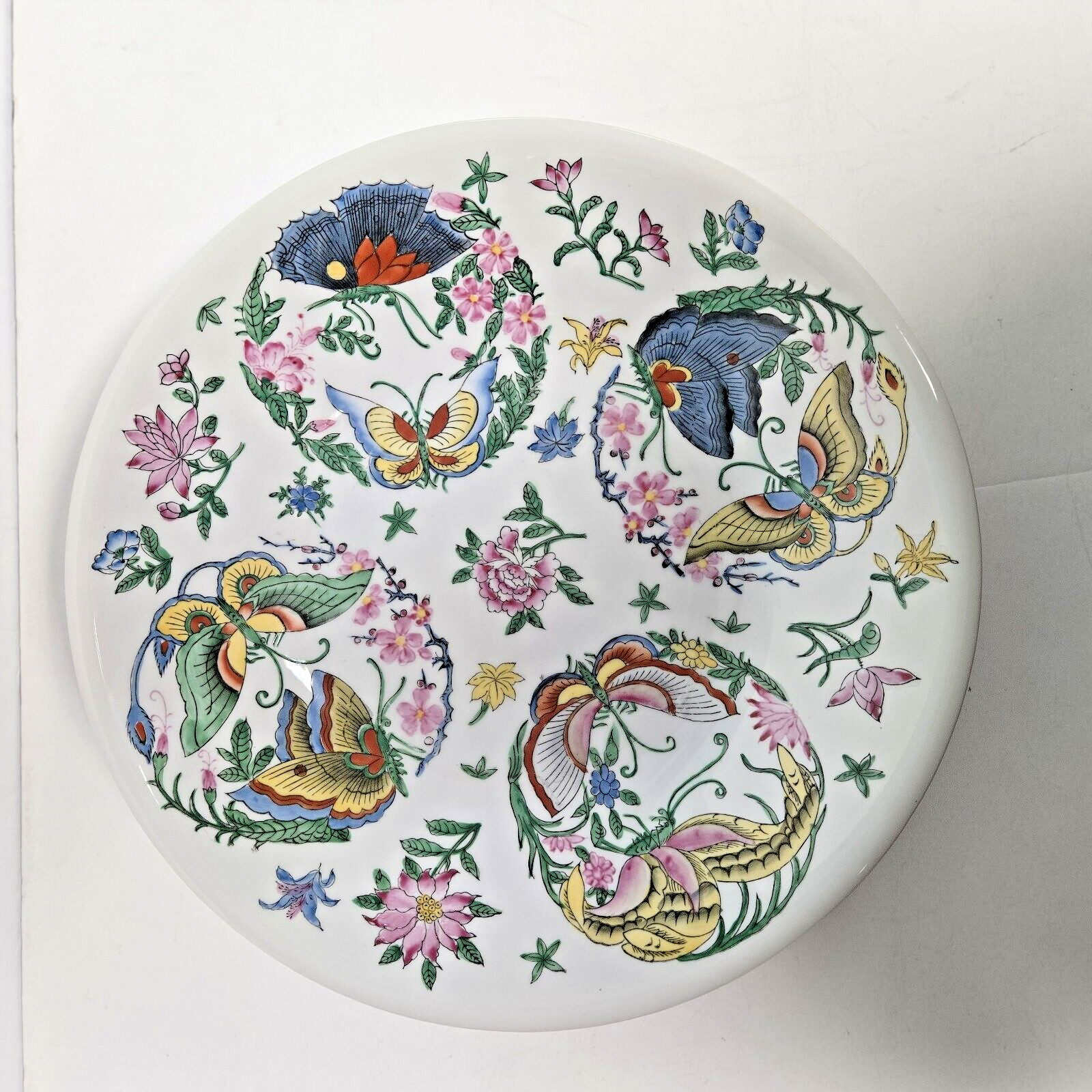 Lg. Chinese Porcelain 14″ Bowl w Brass Stand Hand-Painted Butterflies & Flowers