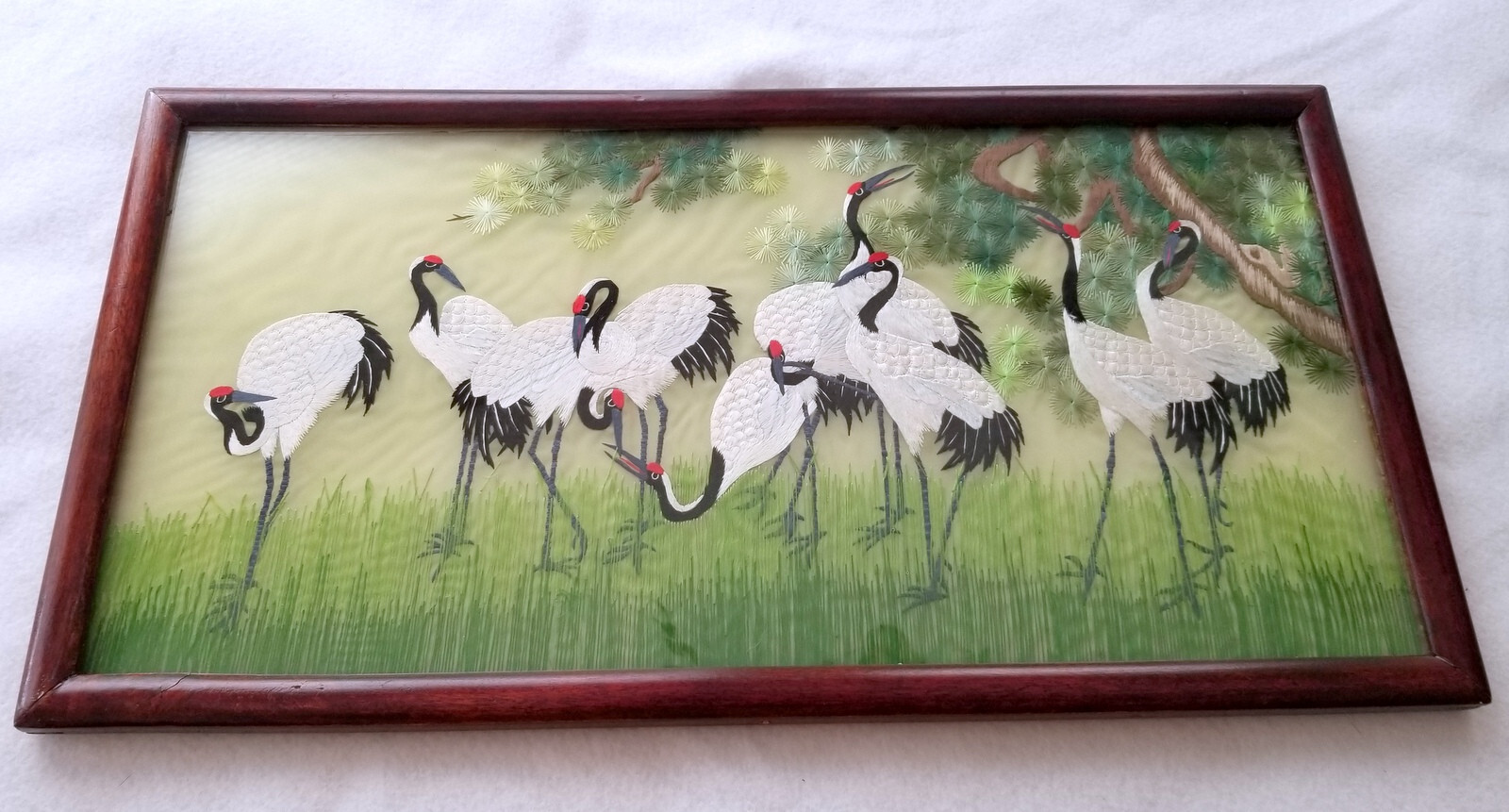 Vintage Chinese Su Silk Embroidery Double Sided Frmd 20.5″ Red Crowned Cranes