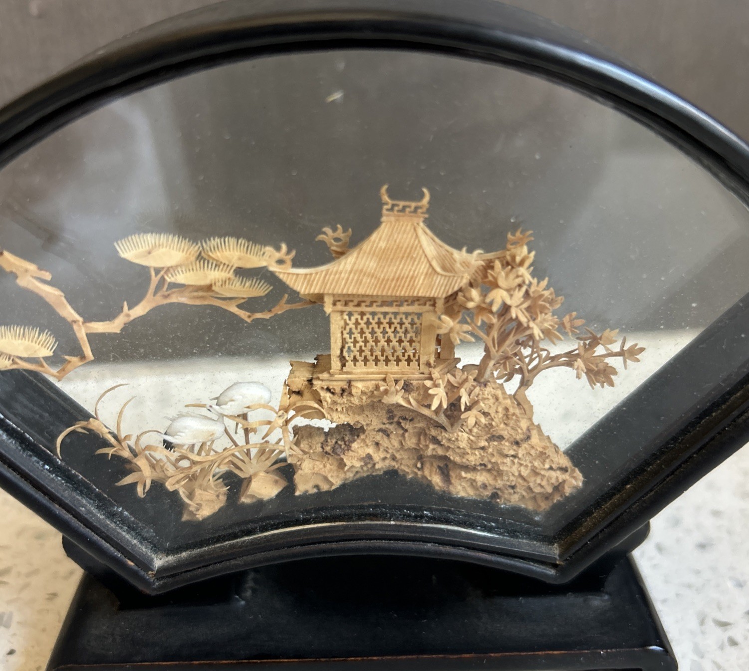VTG CHINESE 3-D CORK ART MINI SAN YOU DIORAMA – Pagoda, Cranes &Trees