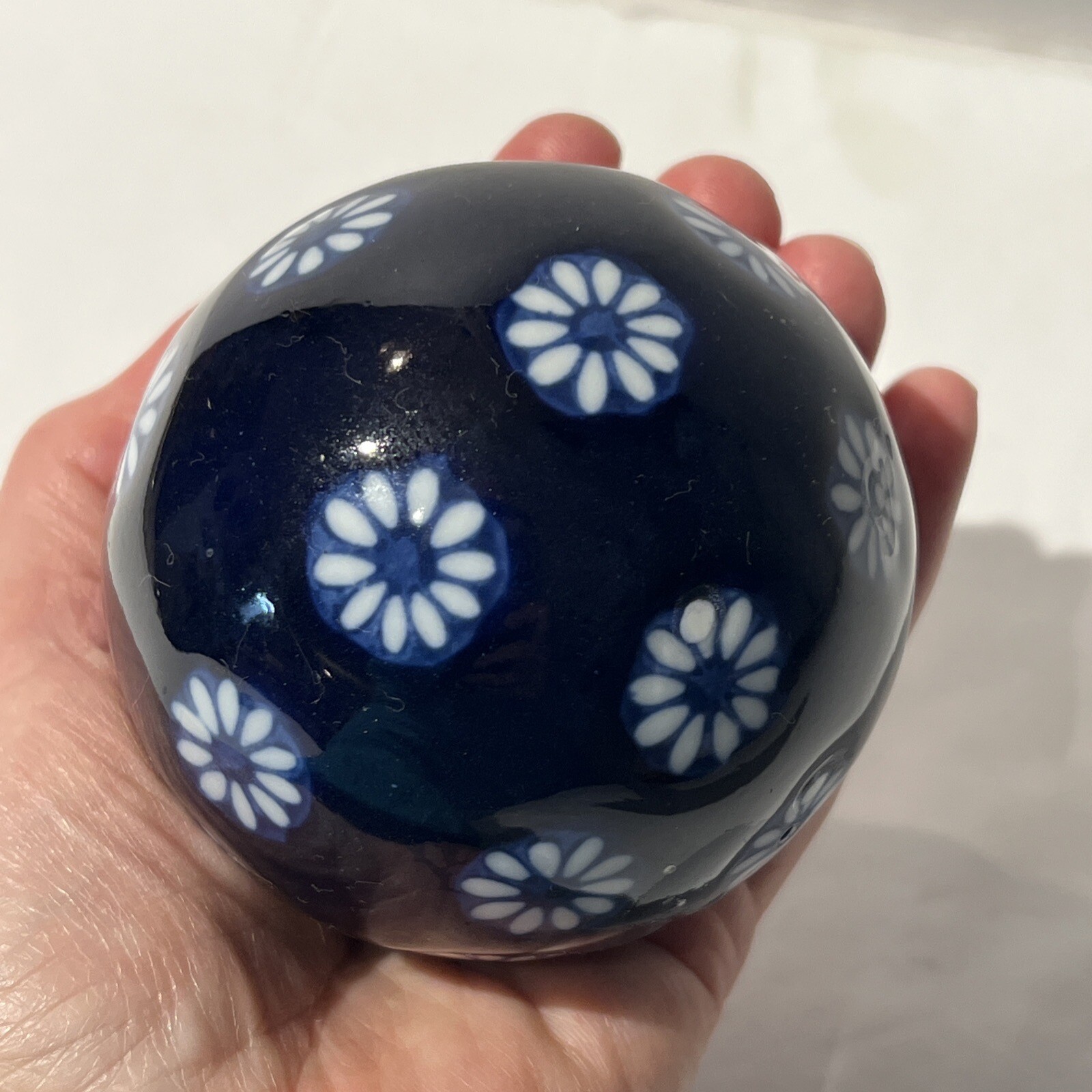 Vintage 1980s Chinese Ceramic Blue and White Sphere Ball Ornament 3” Floral Nice