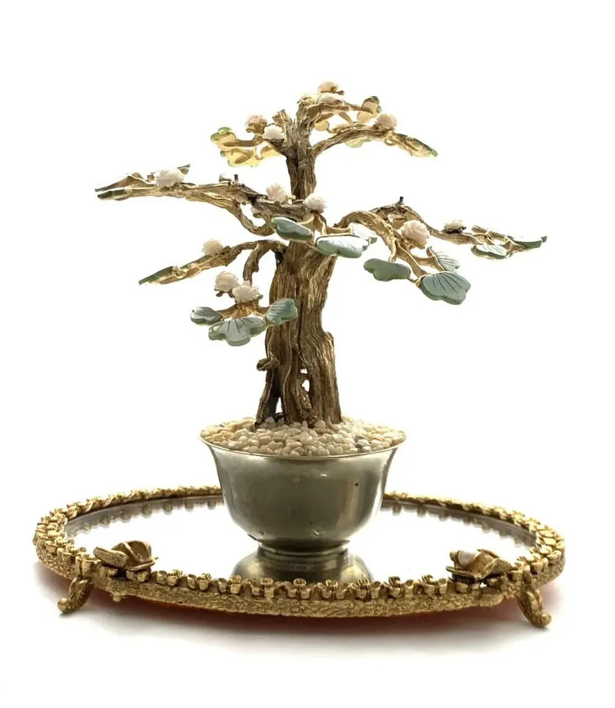 Bonsai Tree Glass Jade Stone & Pearl Flower in Brass Pot Vintage Oriental Decor