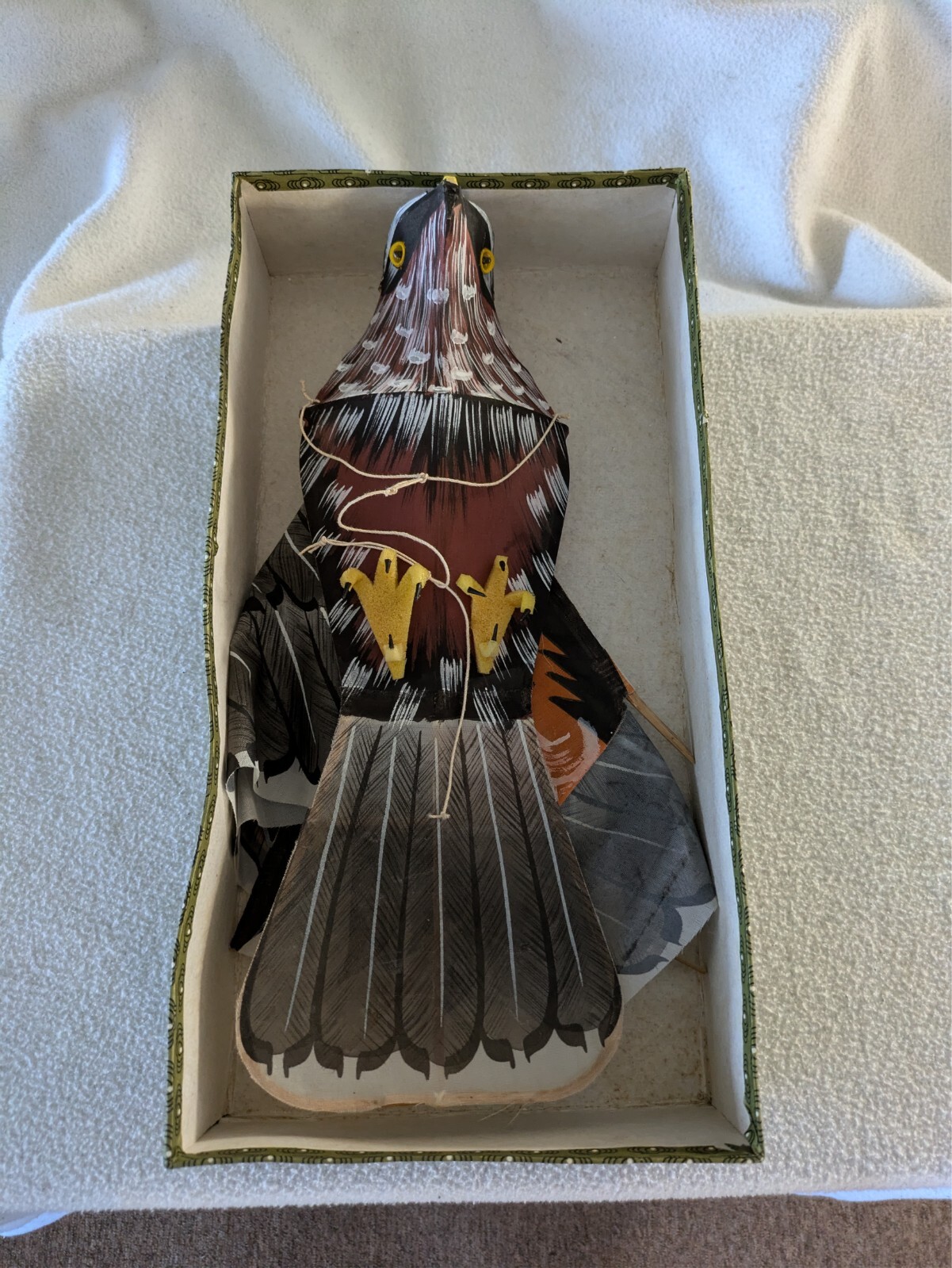 Vintage Chinese Silk & Bamboo Eagle Bird of Prey Kite with Box 36″ wingspan Rare