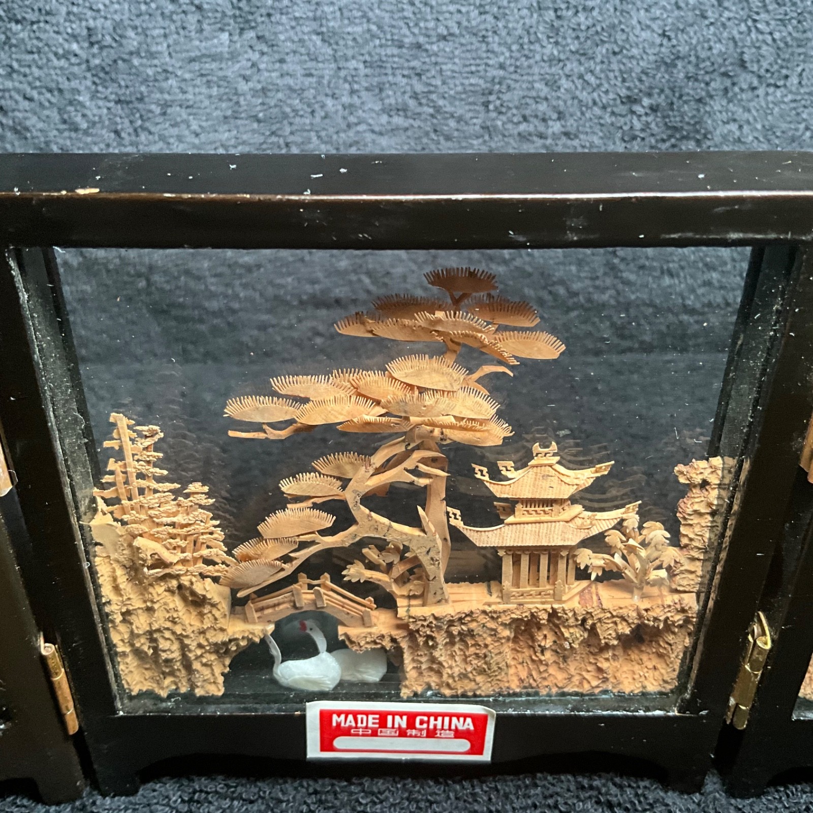 2x-VTG SAN YOU Tri-Fold Oriental Hand Carved Cork Pagoda Diorama w Cranes