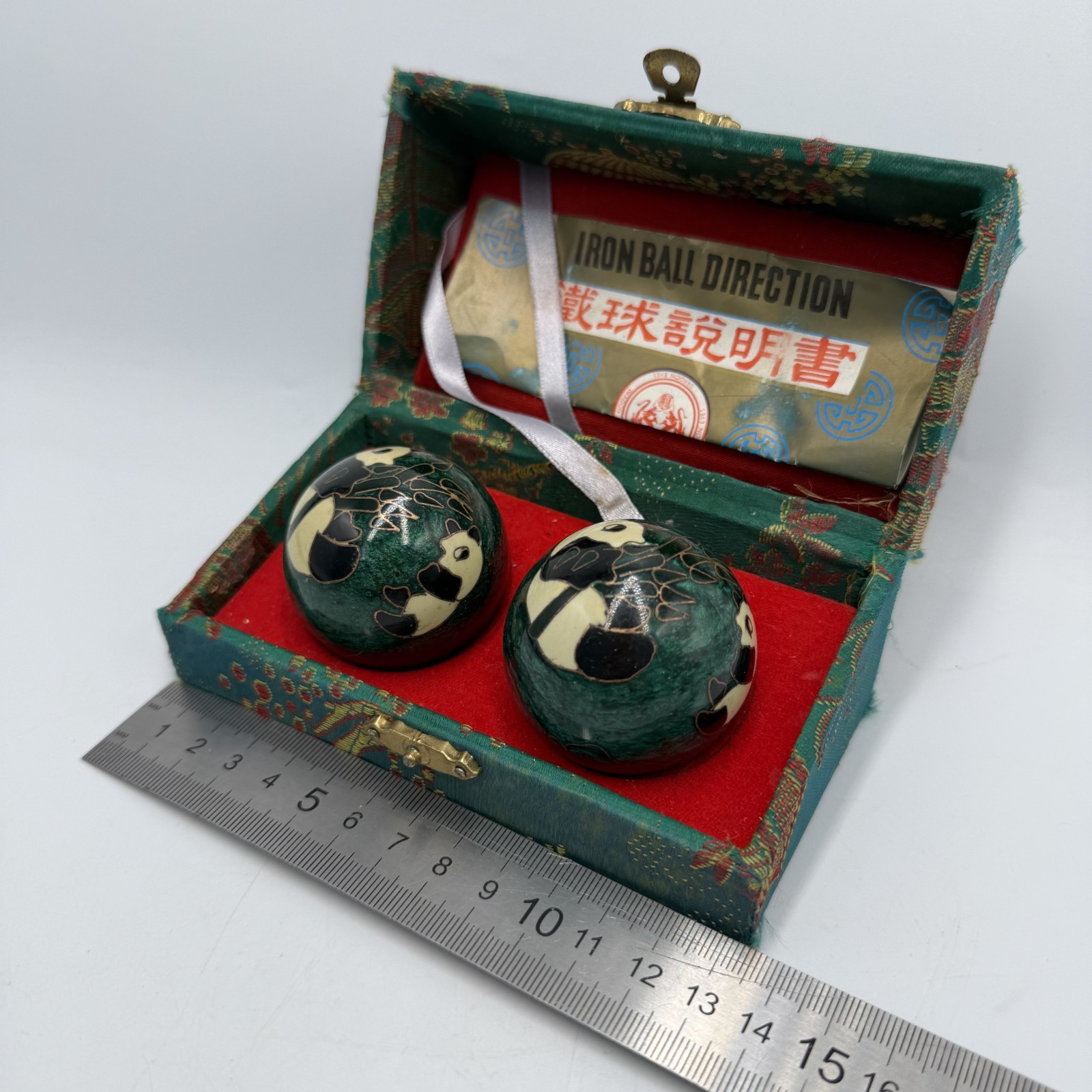 Vintage Chinese Baoding Balls Panda Bamboo Enamel Steel Set Box Asian Decor