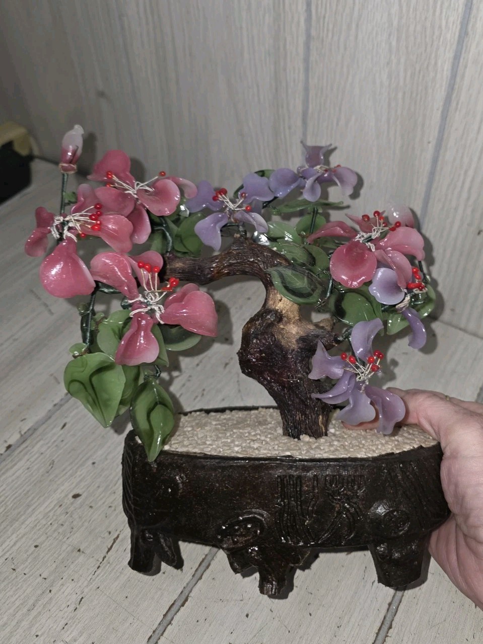 Vintage Chinese Peking Glass Jadeite Cherry Blossom Bonsai Tree Pink Purple MCM