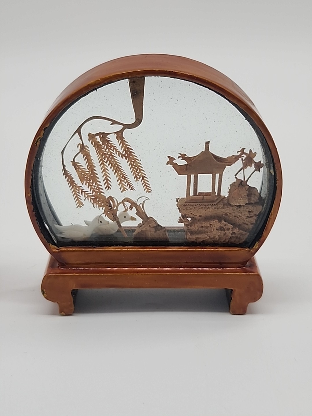 3 VTG Chinese Oriental Asian CORK Carving DIORAMA Art 3D Cranes Shadow Box Panda