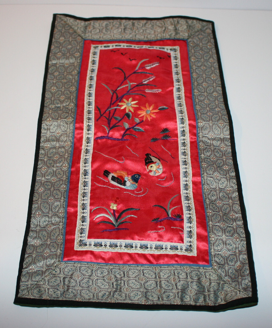 Chinese Beijing China Asian Embroidered Ducks Pond Silk Panel 9″x17″