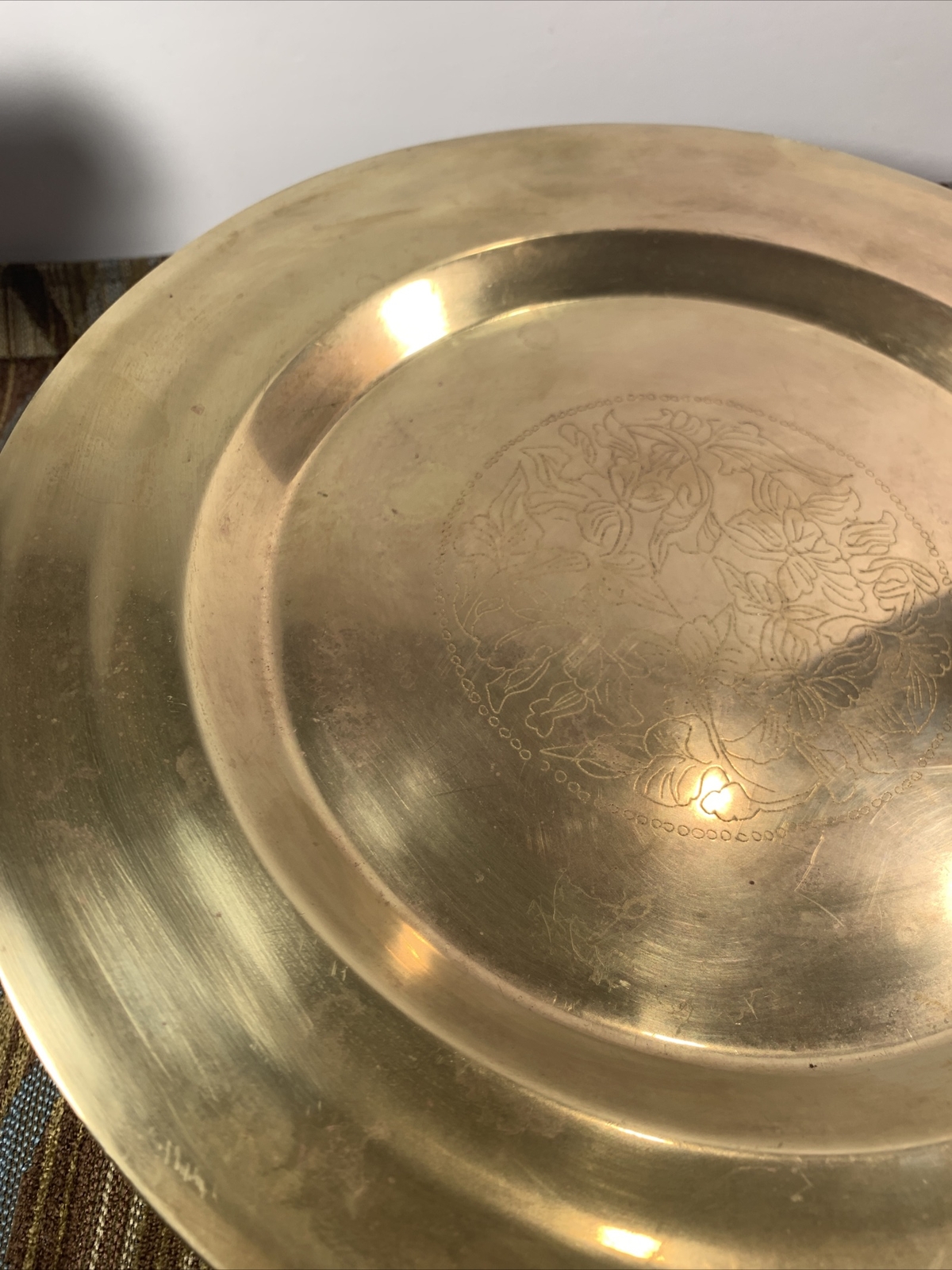 Vintage Chinese Brass Tray~Platter Etched Florals Medallion~10”~Boho