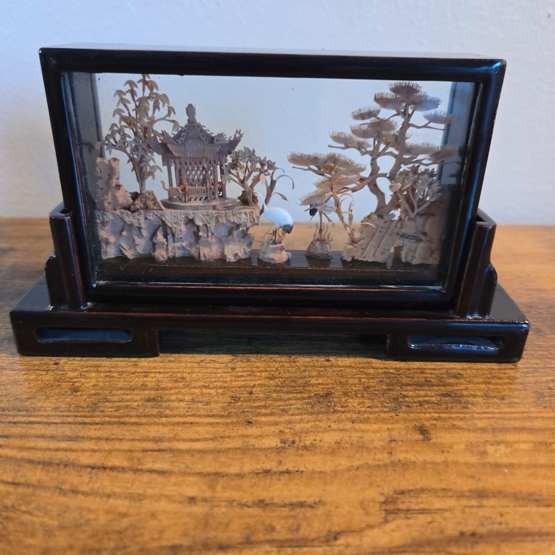 Chinese Carved Cork Sculpture Diorama 2 White Cranes Herons Black Enamel Frame