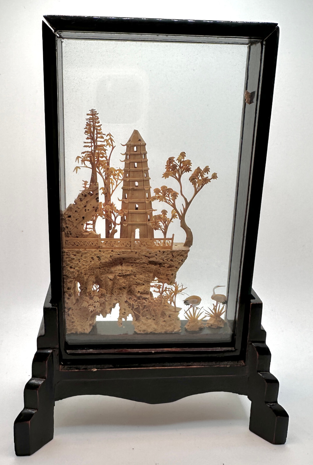 Vintage Hand-Carved Asian Cork & Wood Pagoda Diorama Black Lacquer Stand San You