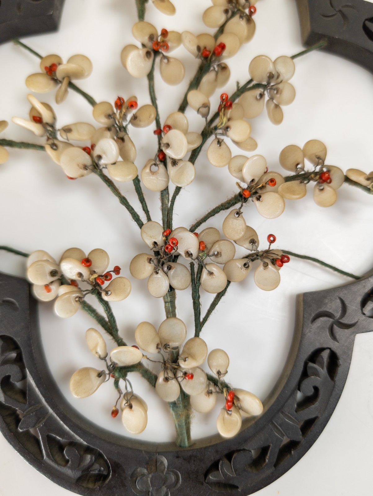 Vintage Chinese Faux Jade Peking Glass Prunus Flower Wall Hanging