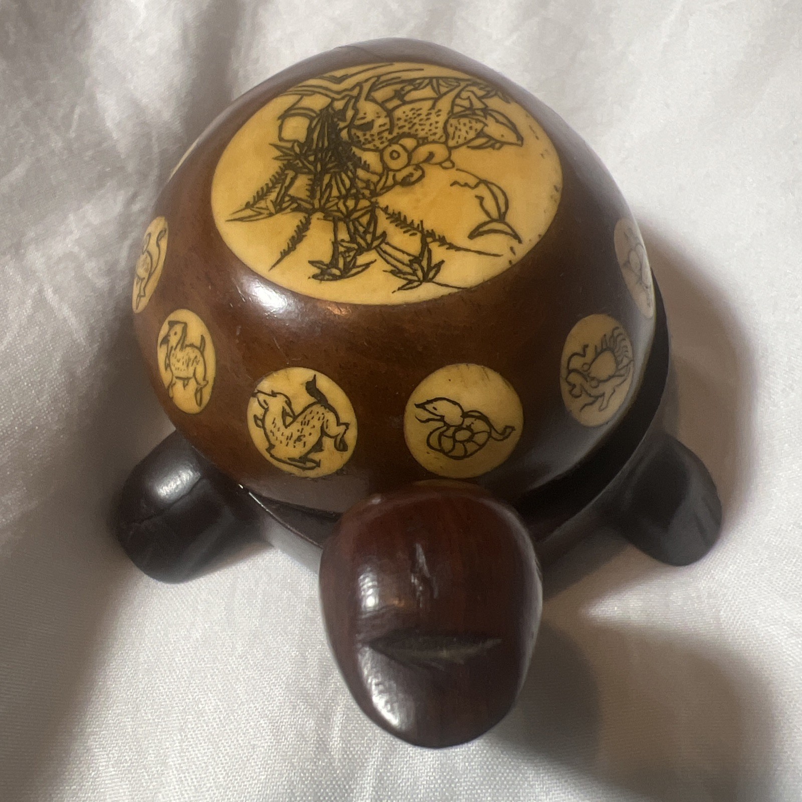 Vintage Carved Wood Turtle with Inlaid Chinese Zodiac Signs Opens to Compass