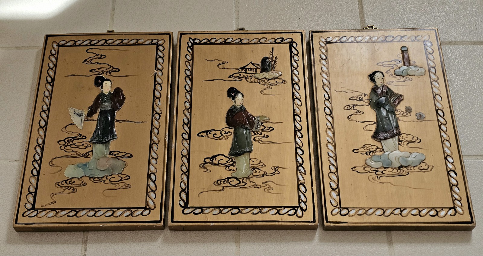 3 Painted Wood ASIAN ART PANELS Inlaid Stone 3D Geisha Figures Chinese VTG Decor