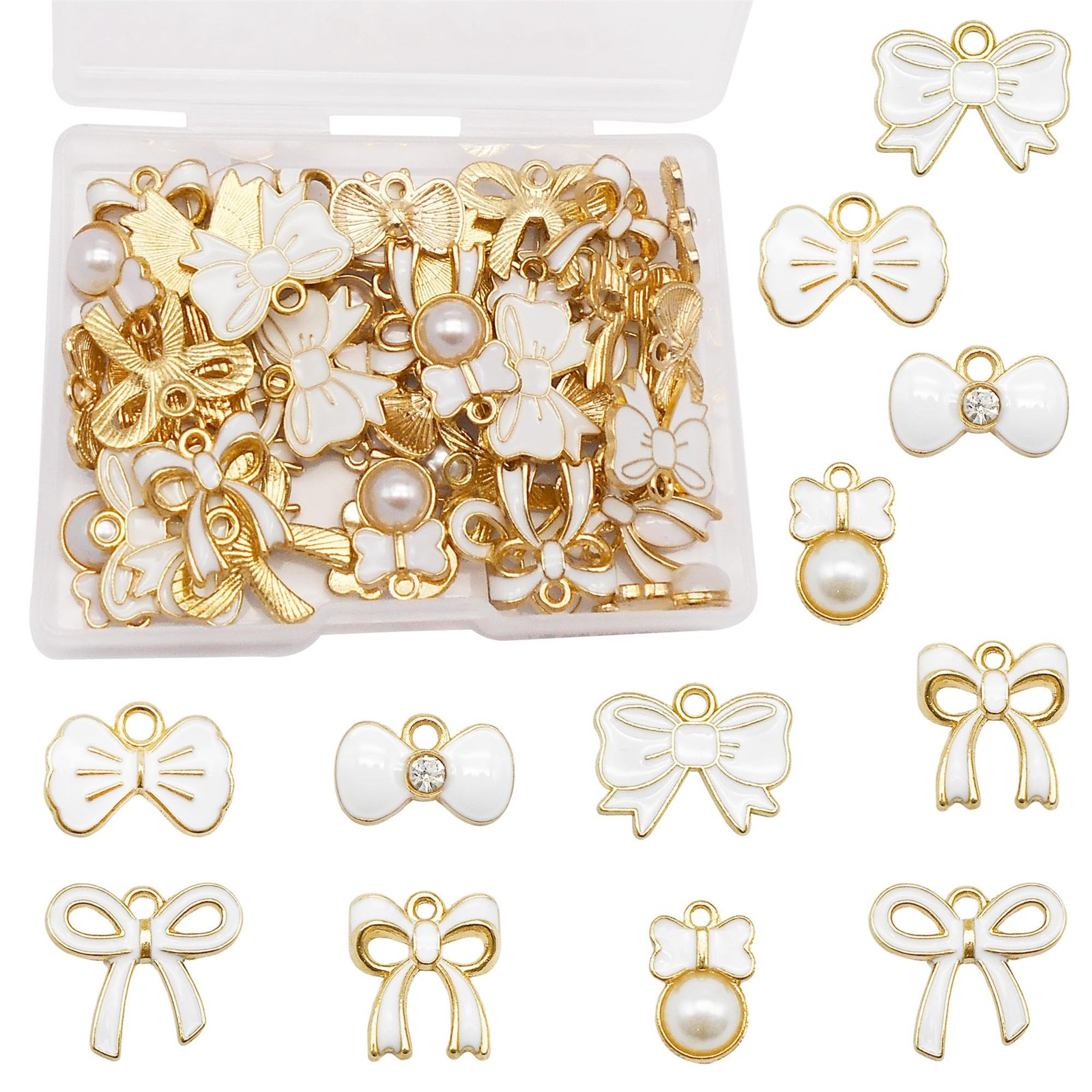 JJGQAZ 60 Pieces Pink Enamel Bow Charms Set, 6 Styles with Pearl Small, White