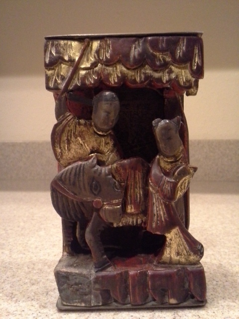 Vintage Asian Oriental Bookends Carved Wood and Etched Brass