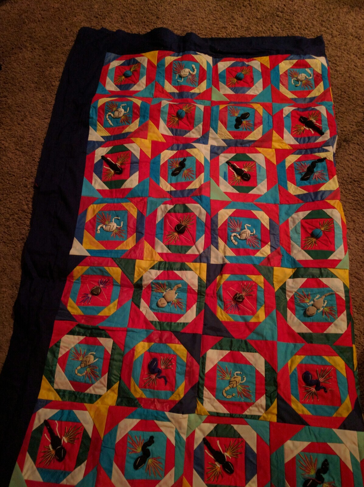 Vntg multi-color Chinese “bai Jim bie” Folk Art Quilt 59” x 59” 3D Textile Art