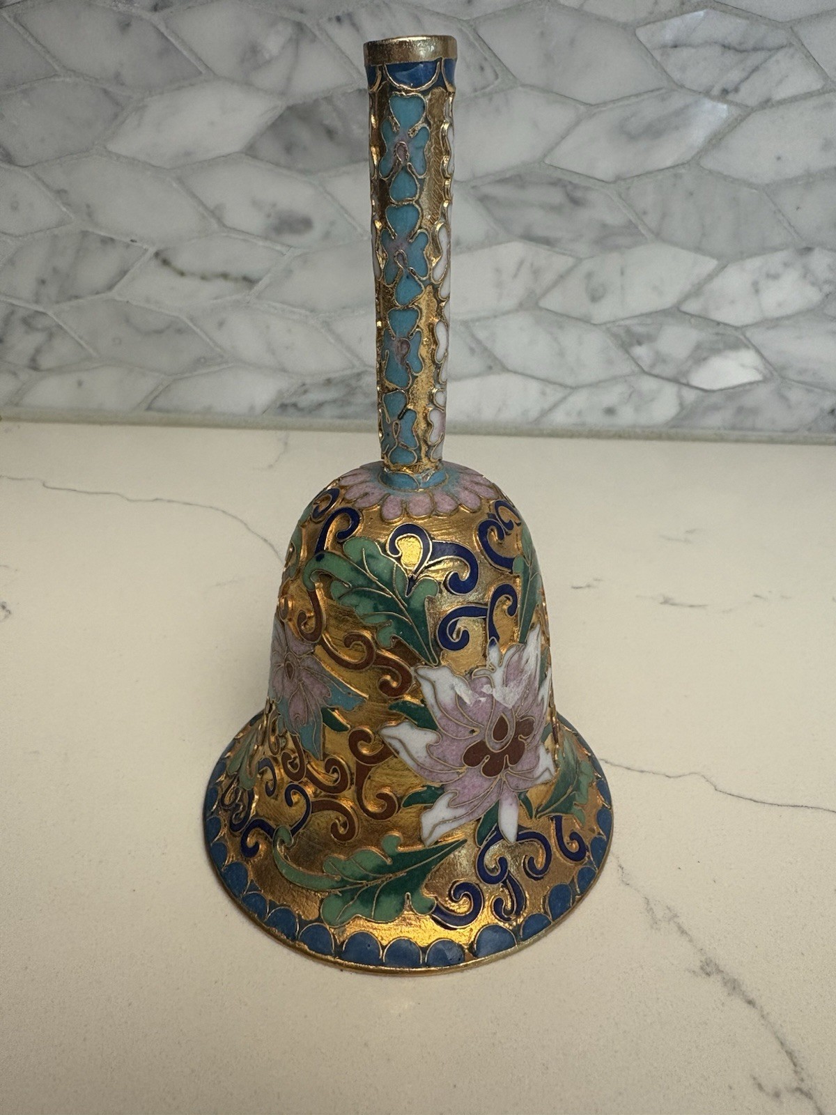 Vintage Chinese Cloisonne Enamel Floral Gold Metal Bell