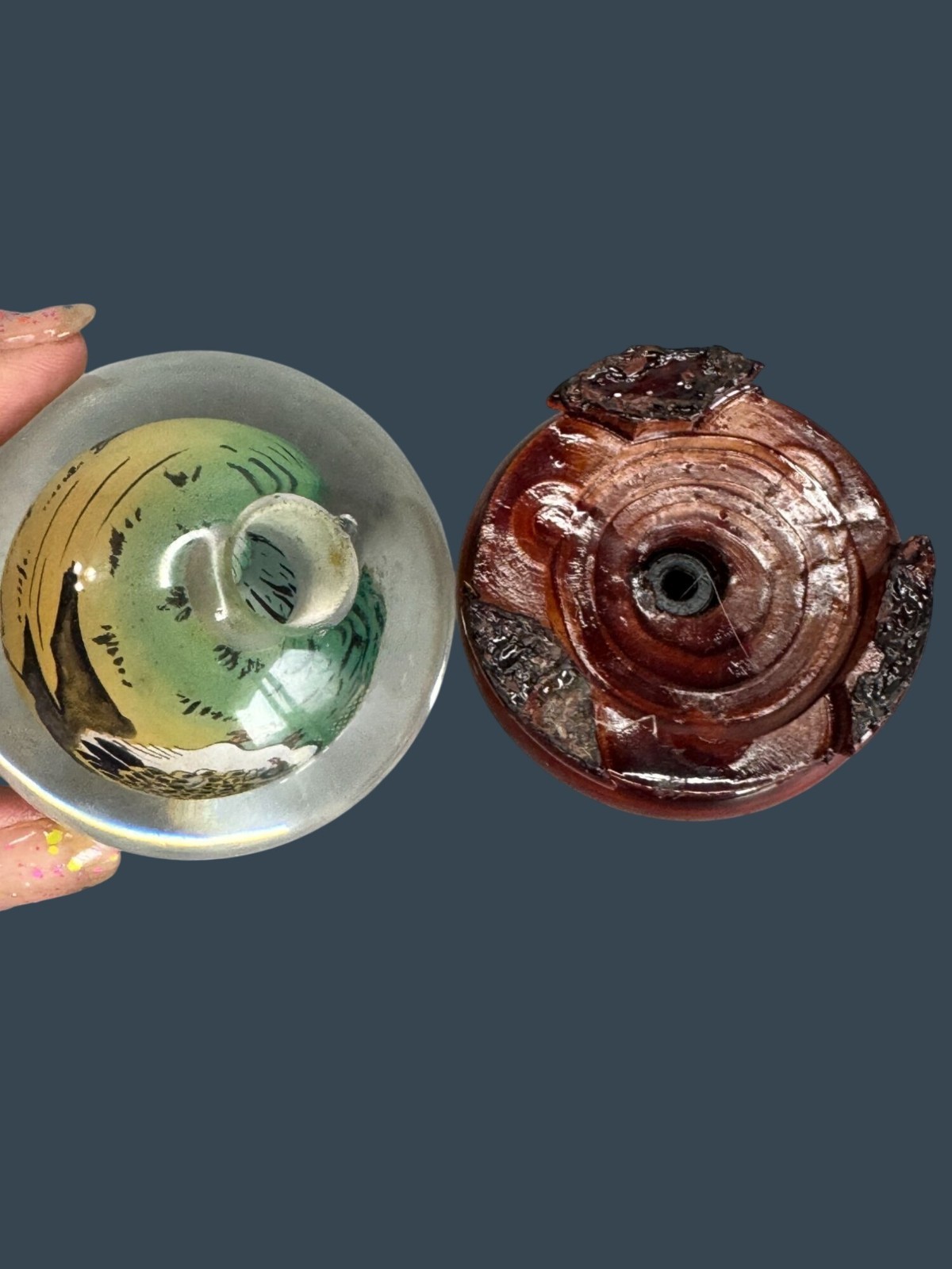 Chinese Reverse Painted Crystal Ball Bird Scene Wood Stand 4 Inch Glass Artwork