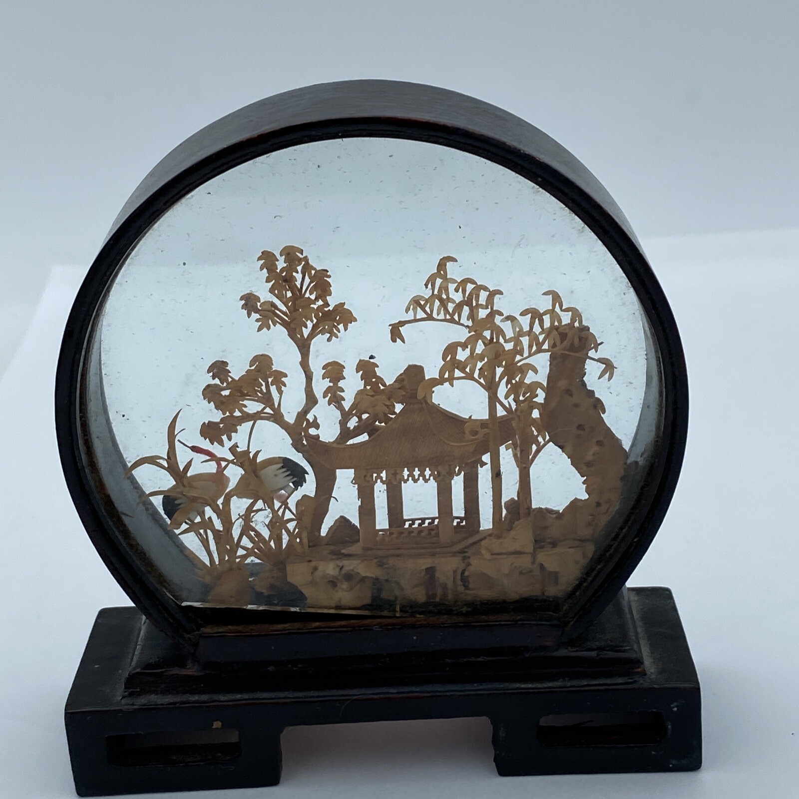 Asian Chinese “San You” Carved Cork Art Diorama Temple Cranes Trees Wood Glass