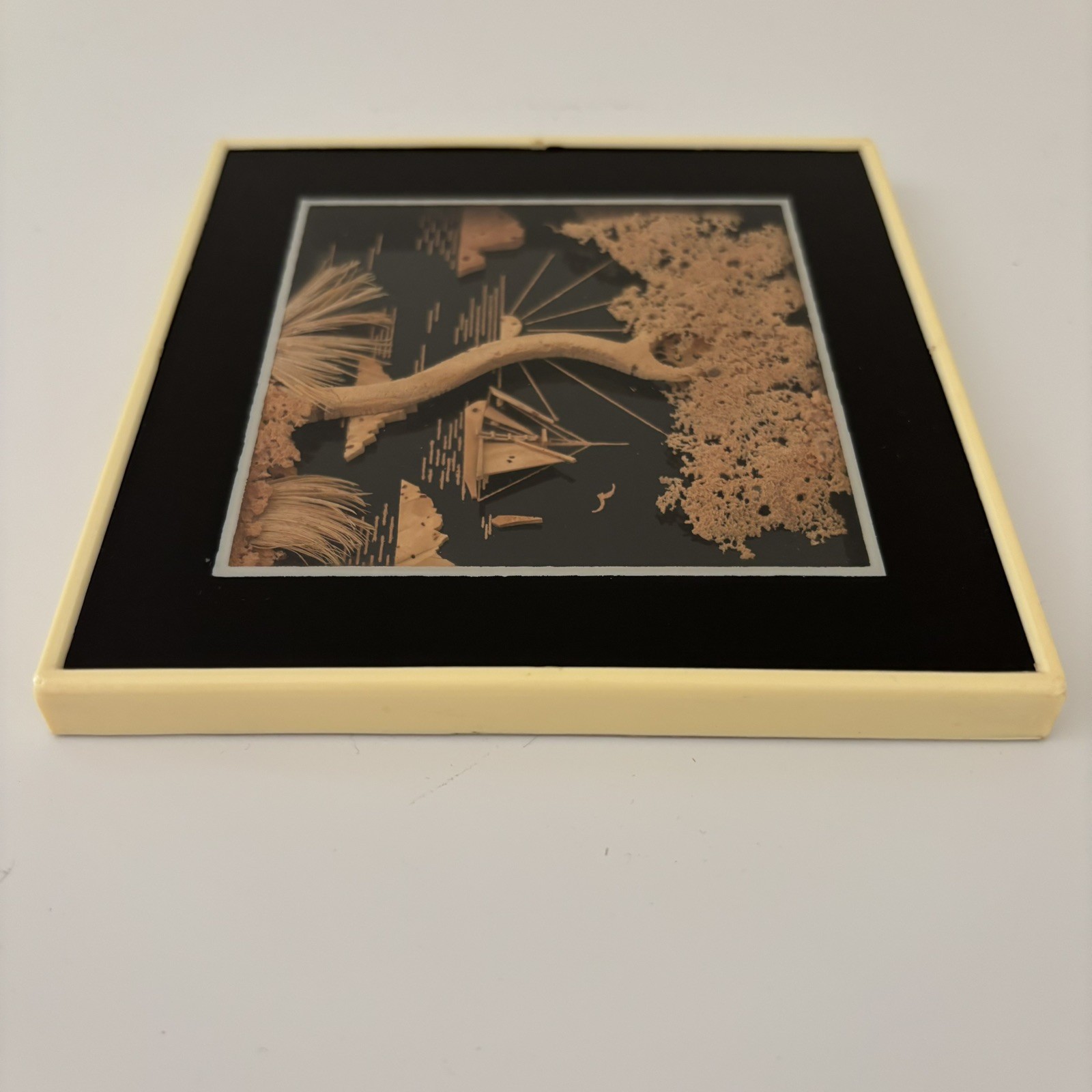 MCM Vintage Asian Diorama Cork Art Tree Boat Sunset 3D Framed 5 x 5″