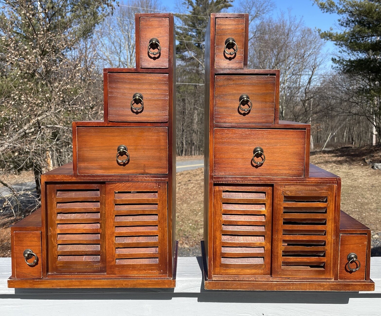 Pair of Vintage 20th C. Dovetailed Tansu Step Wooden Shelves Asian Art
