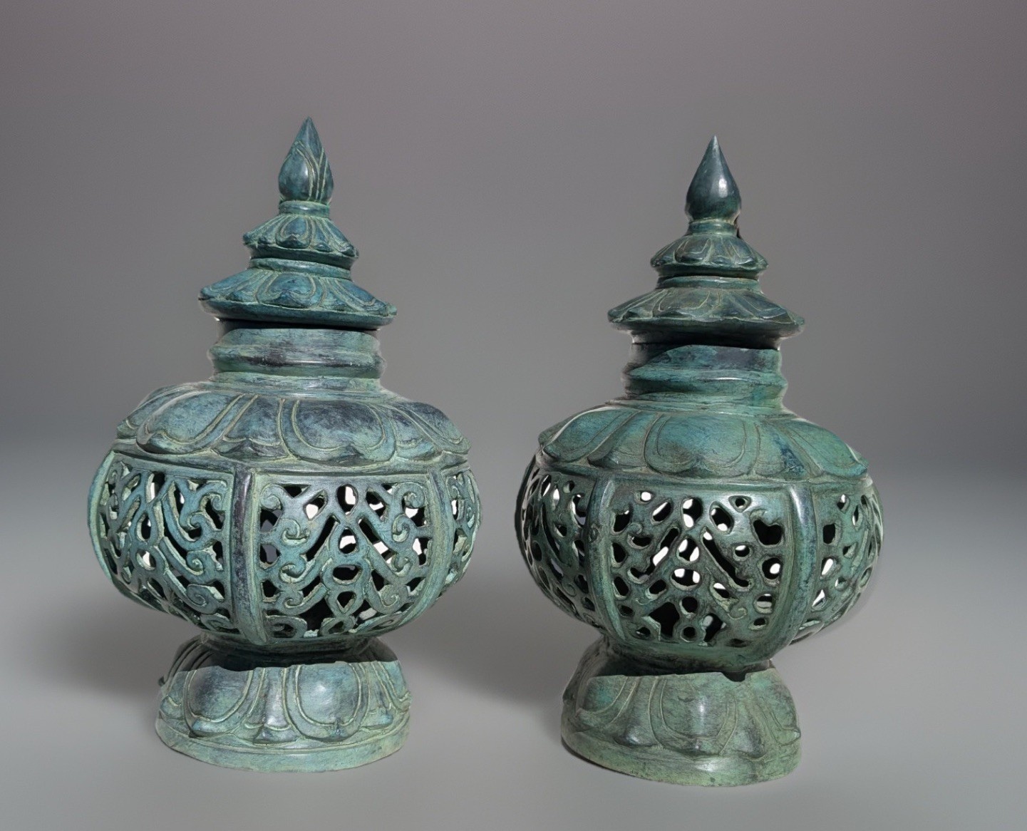 Pair Of XL Rare Vintage Chinese Heavy Duty Bronze Incense Burners Candle Holders