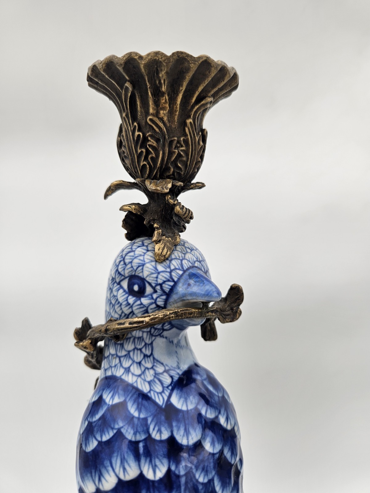 Antique Chinese Bird HOLLYWOOD REGENCY Blue Birds Brass Candle Holders 14″