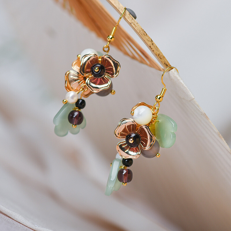 Chinese Coloured Glaze/Agate/Pearl Gild Tibetan Style Vogue Earbob Earrings