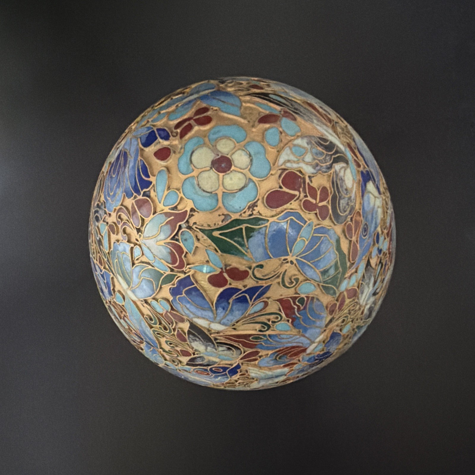 Large Chinese Cloisonné Egg Butterflies Floral Motif On Carved Wood Stand 11.5”
