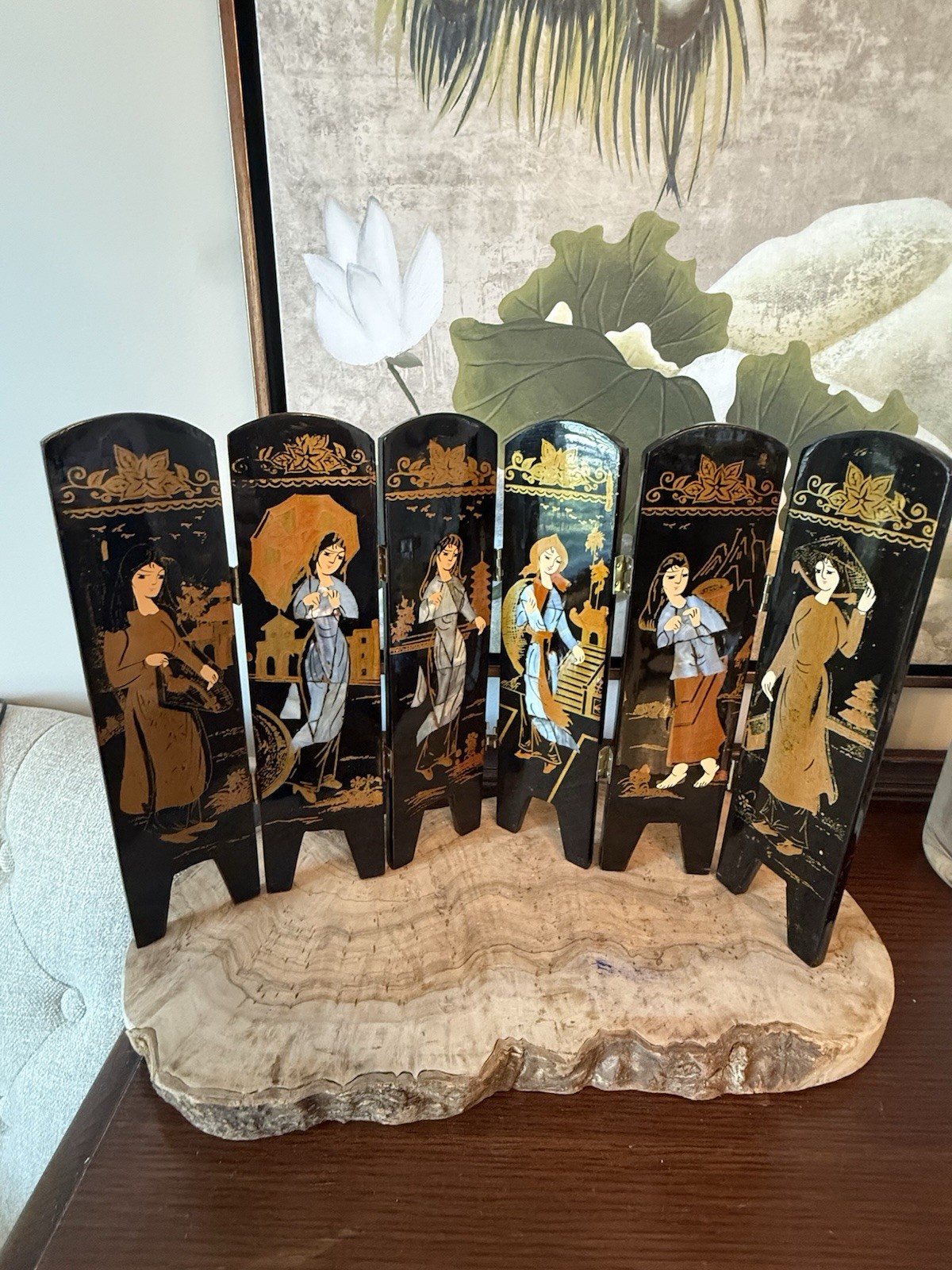 Asian Mini Lacquer Screen Mother of Pearl Inlay Reversible Image Table Top AS IS