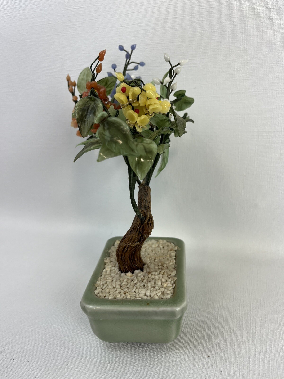 Vintage Floral Bonsai Tree Jade Stone Glass Asian Flowers Japan Pot