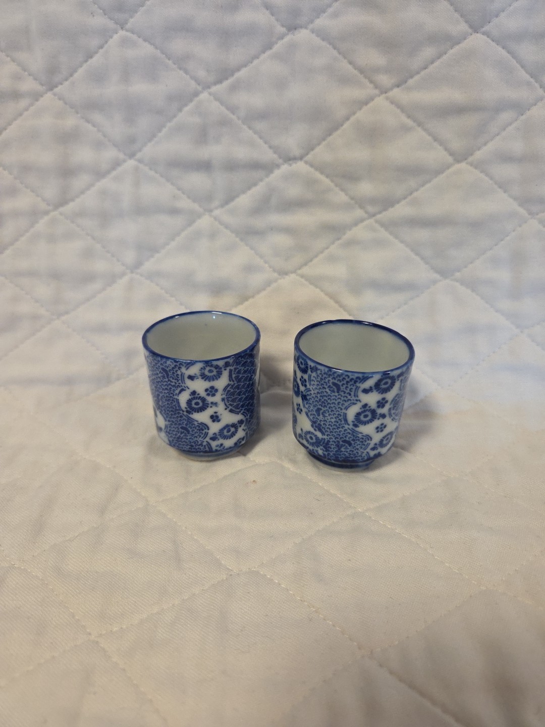 Vintage Sake or Tea Cups (2) Small 2.25 Inches Tall Blue/White Made in Japan