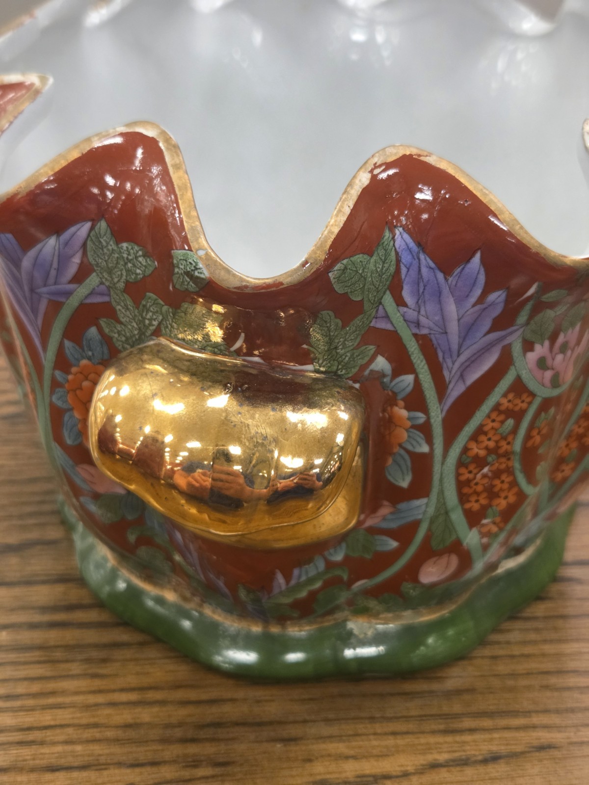 Chinese Foot Bath Satsuma Style Floral Red Vtg Porcelain Jardiniere Gold