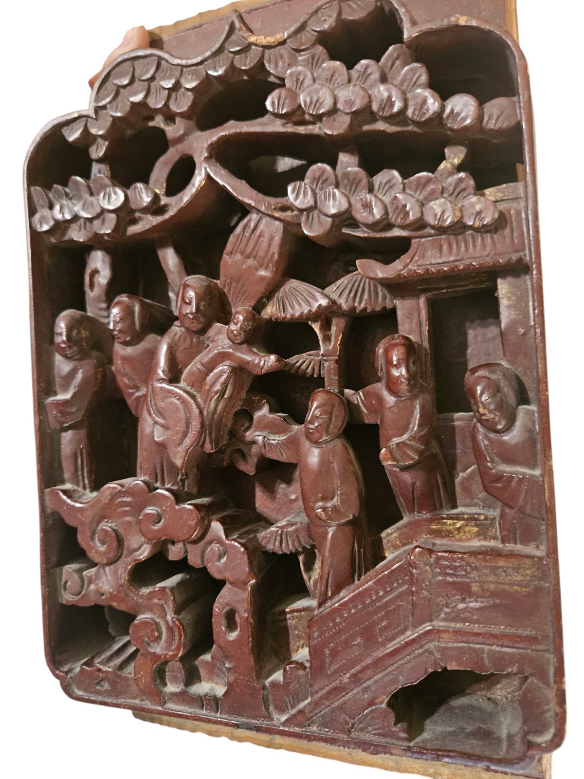 Antique Hand Carving Wood Panel Relief 6×10 From A Temple Or Furniture Antique